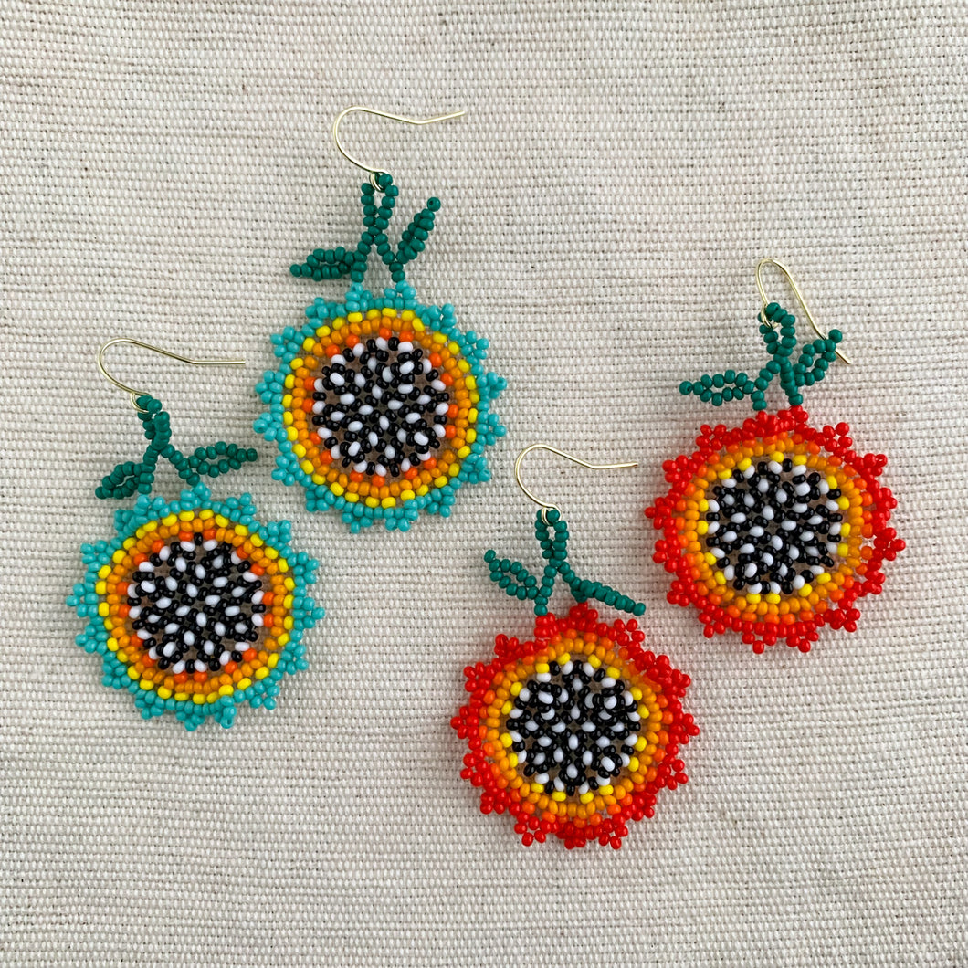 Huichol Beaded Earrings-Flower w/leaves