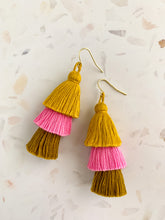 Load image into Gallery viewer, Mustard/Pink/Olive Tassel Earrings

